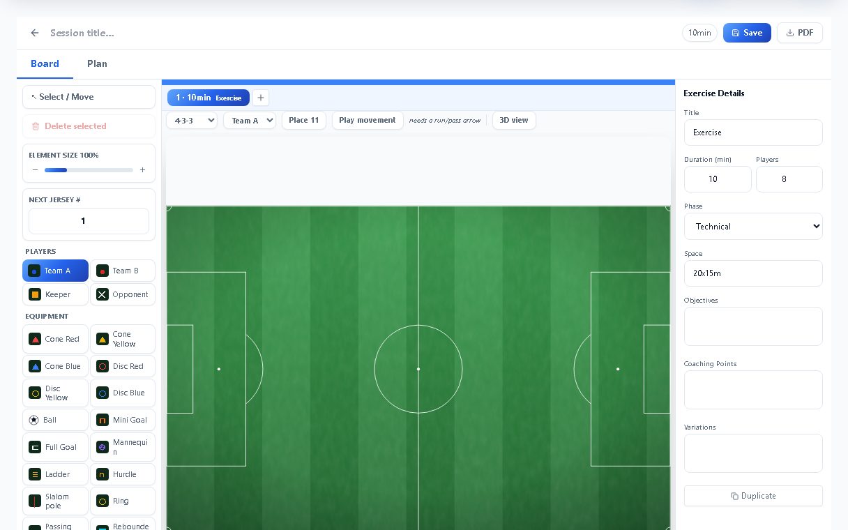 Football Hub session builder with a drill diagram and exercise details