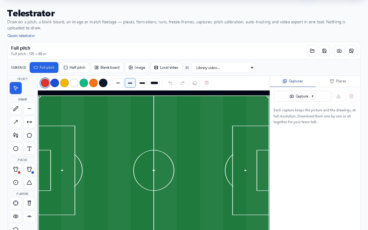 Football Hub telestrator with drawing tools around a full pitch
